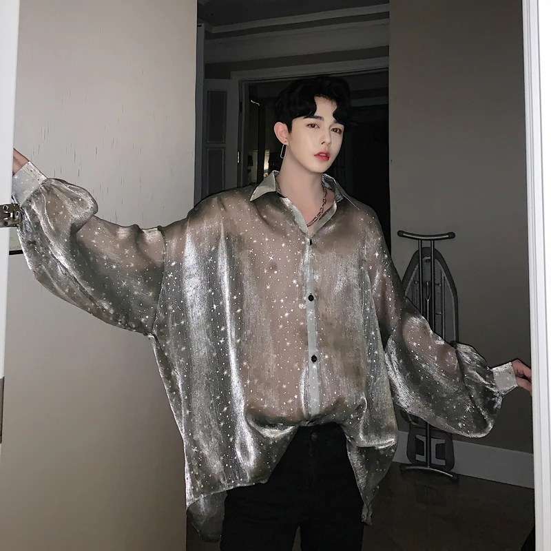 Men Bat Long Sleeve Star Transparent Oversize Loose Casual Shirts Male Streetwear Hip Hop Punk Gothic Party Night Club Shirt