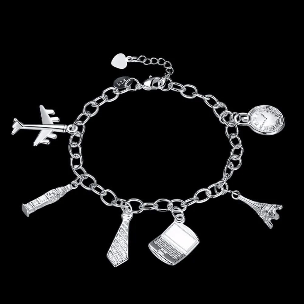 Women's Fashion Jewelry 6.5-8 inch Chain 925 Sterling Silver Alarm clock Alfi Tower aircraft pendants bracelet Cuff Bangle H617 |