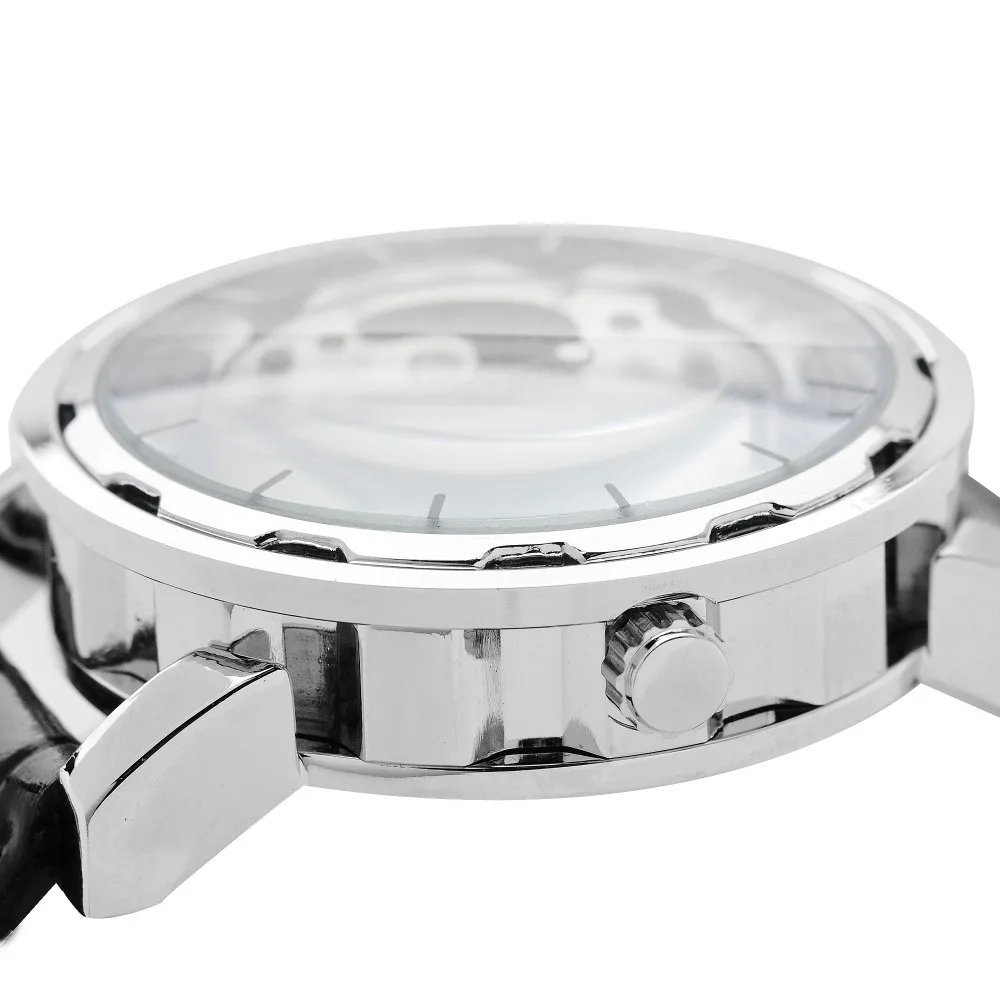 

FLENT Fashion Men skeleton Watch Leather Band Icloud Pattern Dial Self-wind Automatic analog Wristwatch
