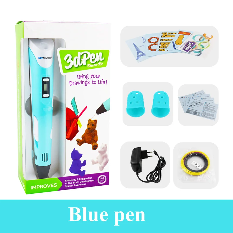 Blue pen Myriwell 3d Ручка, 3d Ручка для рисования, 100 м или 200 м, 1,75 мм, PLA нить для детей, подарок на день рождения, Обучающие игрушки, 3D-принтер, ручка - Цвет: Blue pen