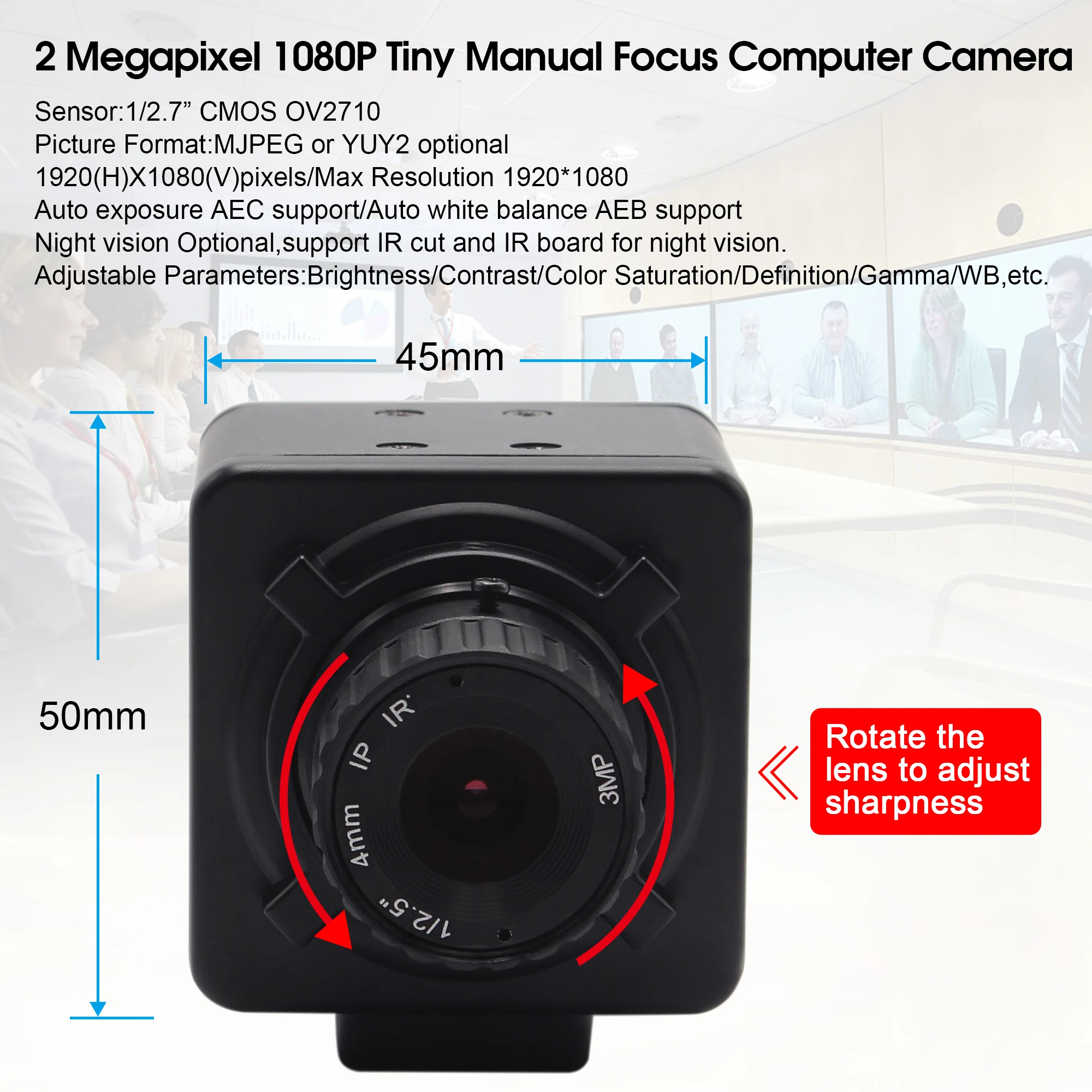 2.0megapixel 1920*1080 1/2.7&quot CMOS OV2710 6mm manual focus lens MJPEG YUY2 video camera module with 3m usb cable - купить по
