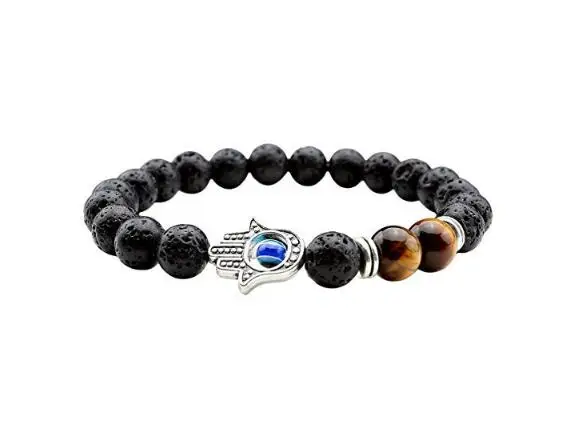 Natural Volcano Lava Stone Fatima Hand Bracelets for Men Amulet Eyes Charm Rock Jewelry Elastic Beads BB04 | Украшения и