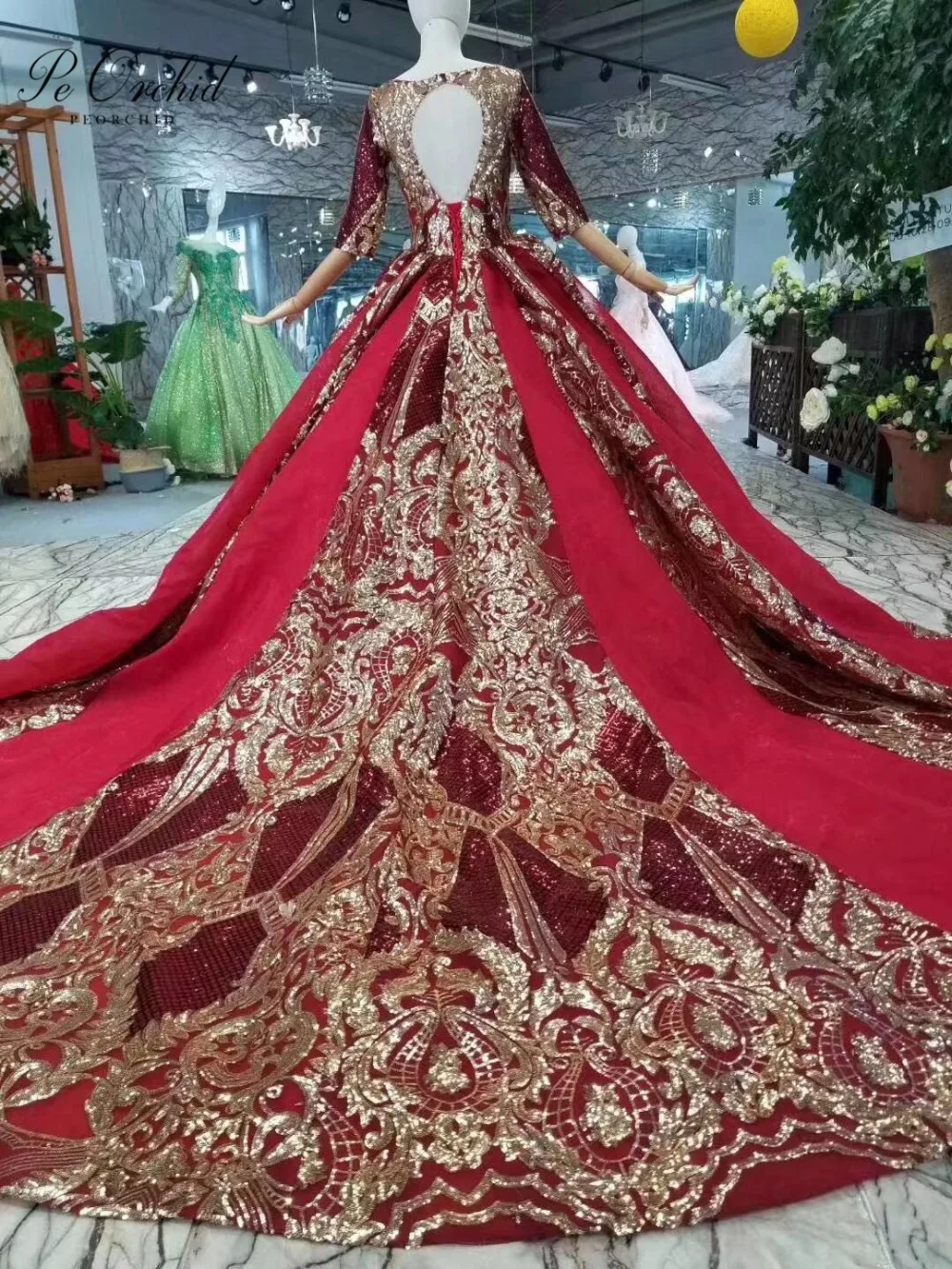 Роскошное вечернее платье PEORCHID Dubai с золотыми пайетками и рукавами 2019 открытой
