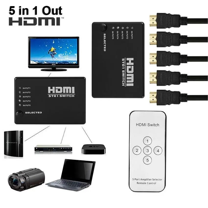 Eas tv ita 1080p Интеллектуальный 5x1 5 портов HDMI коммутатор/коммутатор разветвитель концентратор+ ИК пульт дистанционного управления и адаптер переменного тока для HD ТВ PS3 поддерживает 3D r19