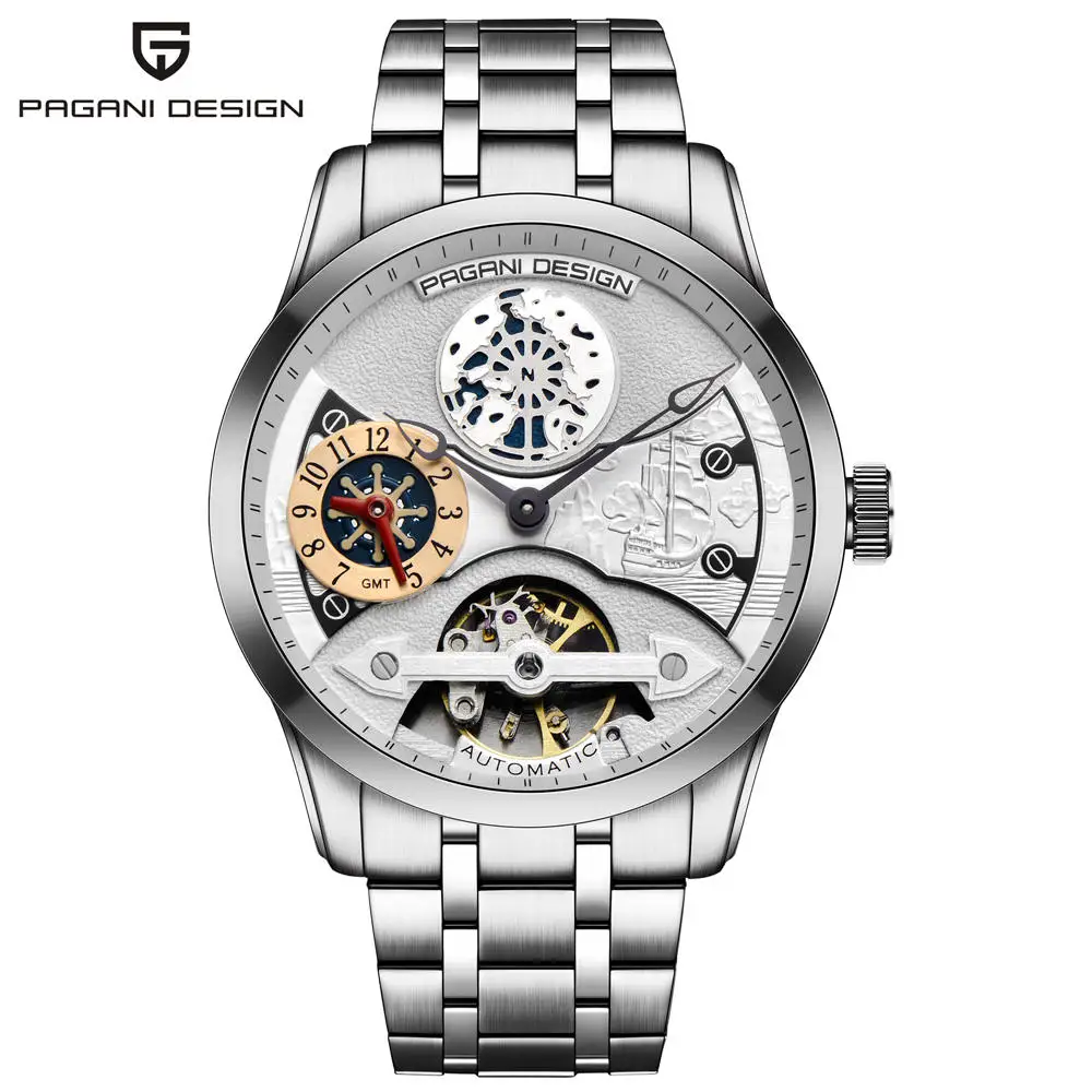 PAGANI Дизайн мужские часы лучший бренд класса люкс Tourbillon механические Водонепроницаемые кожаные каркасные часы с автоматическим подзаводом серии Voyager - Цвет: S silver white
