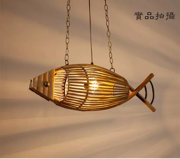 Бамбуковая креативная Подвесная лампа типа рыбы тканевая ресторанная