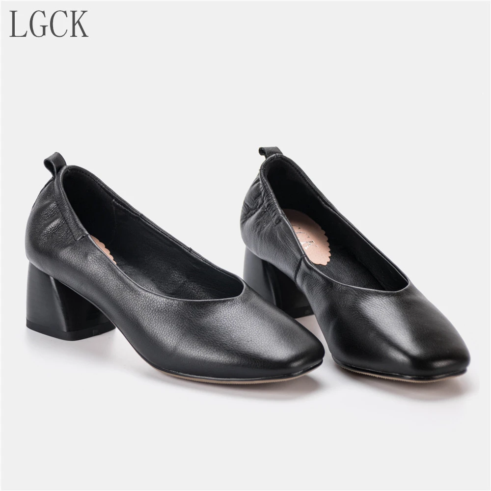 

Plus Size 34-43 Genuine Leather Women Shoes pumps woman middle high heels ladies Single Shoes loafers Party wedding Office Shoe