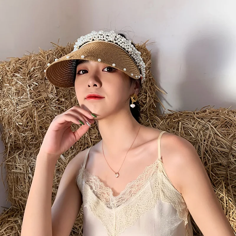 Summer Women Pearl Headband Hat Raffia Visor Caps For Girls Beach Hats Braided Fashion Cap Lady Summer Straw Sun Hat New
