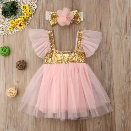 2018 New Summer Princess Formal Pink Tulles Sequin Dress Kids Baby Girl Lace Floral Party Sleeveless Sundress+Headband Set | Детская