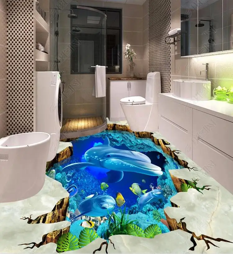 

3d flooring custom photo wallpaper living room bathroom dolphin pvc self adhesive wallpaper murals 3d floor painting