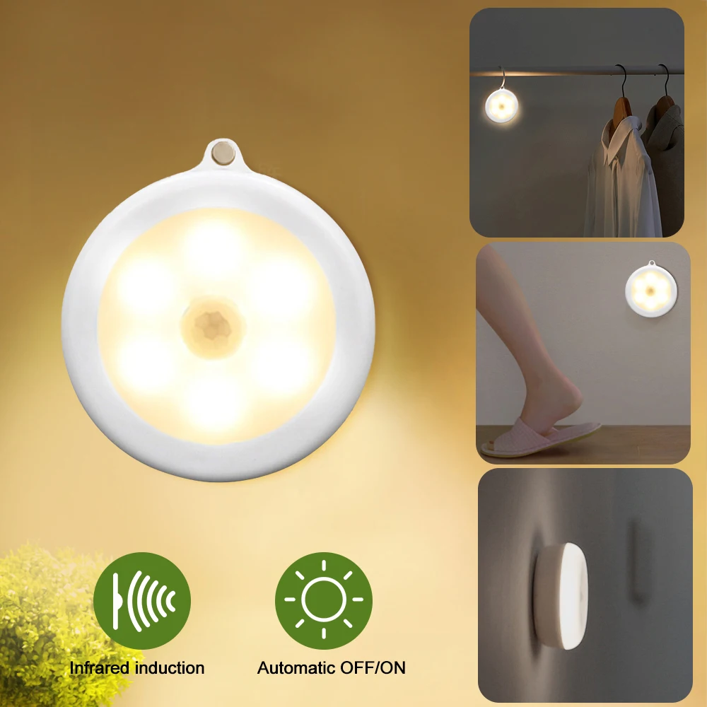 1pcs warm white Dozzlor 6 шт. 6 светодиодов инфракрасный датчик движения Ночной светильник диаметром 80 мм беспроводной детектор светильник Автоматическое включение/выключение лампы Защита глаз лампа - Испускаемый цвет: 1pcs warm white