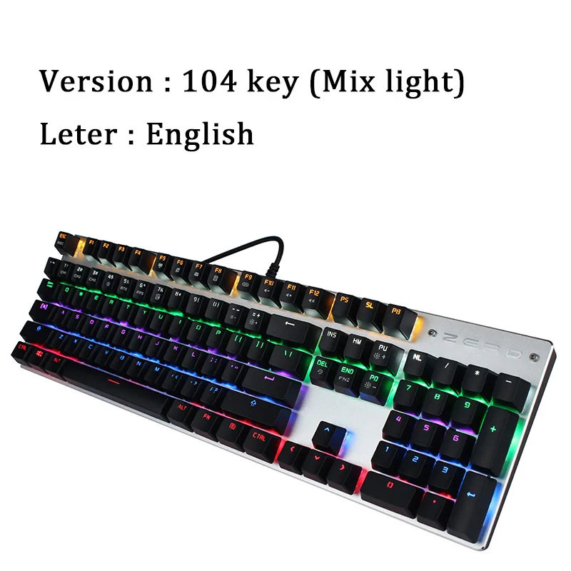 English 104 Key Механическая клавиатура 87/104 анти-ореолы синий черный красный переключатель светодиодный с подсветкой Проводная игровая клавиатура Русский Испанский Арабский - Цвет: English 104 Key