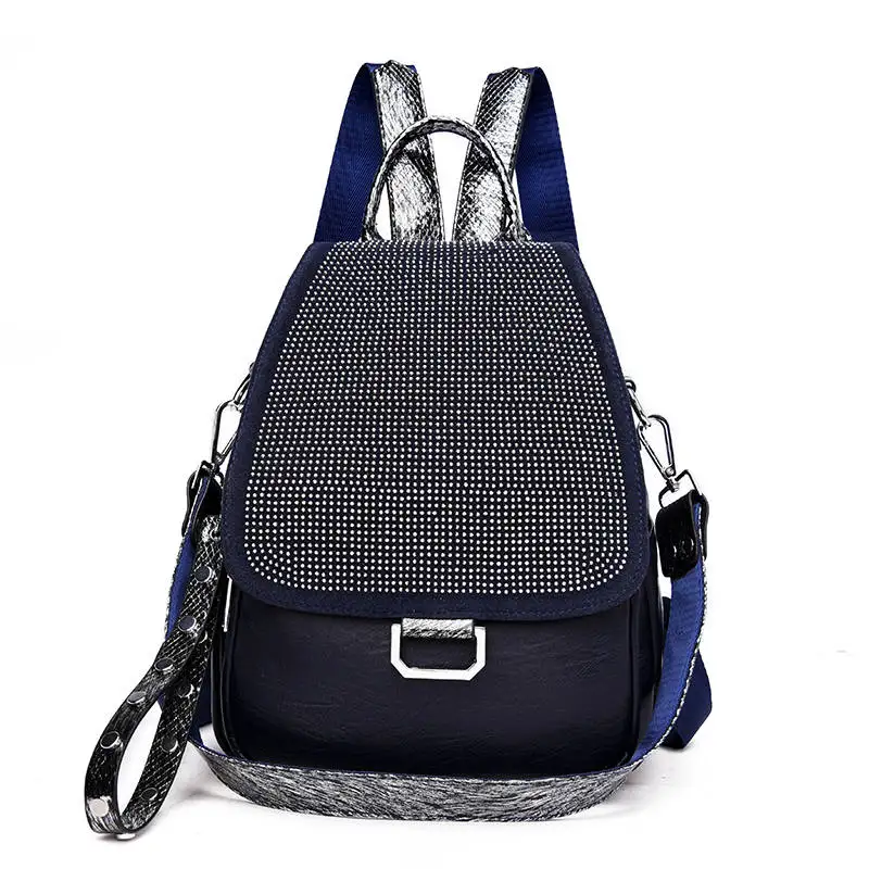 Women's Embroidered Backpack Women's Sequins Travel Backpack Women's Diamond Studded Backpack Mochilas Shoulder Bags School bag - Цвет: Blue