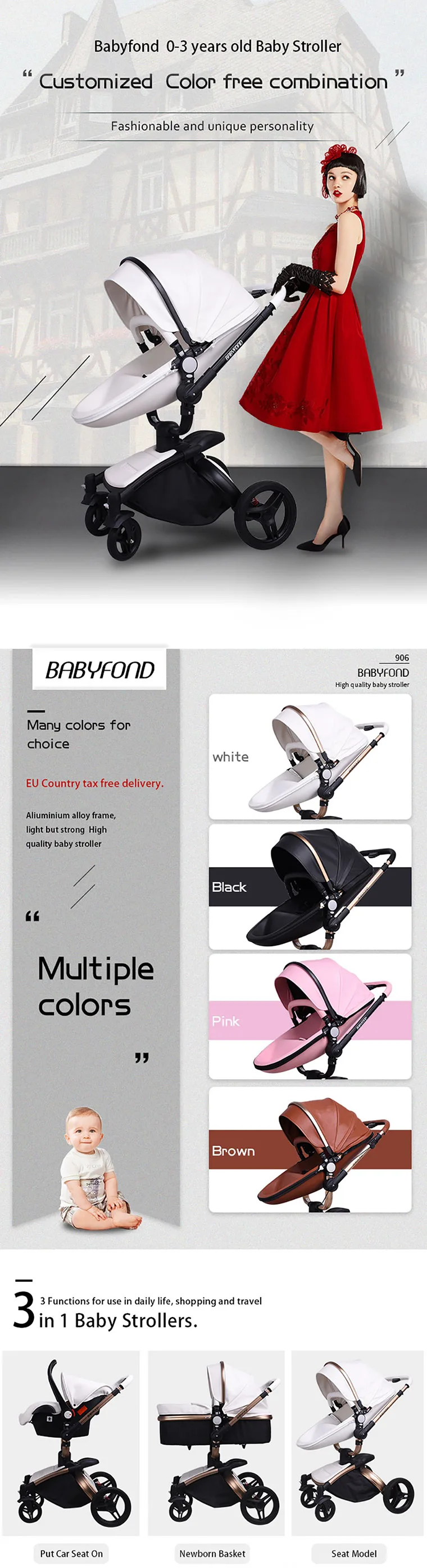 Брендовая детская коляска для новорожденных Babyfond 3 в 1, Роскошная детская коляска из искусственной кожи, двусторонняя детская коляска с поворотом на 360