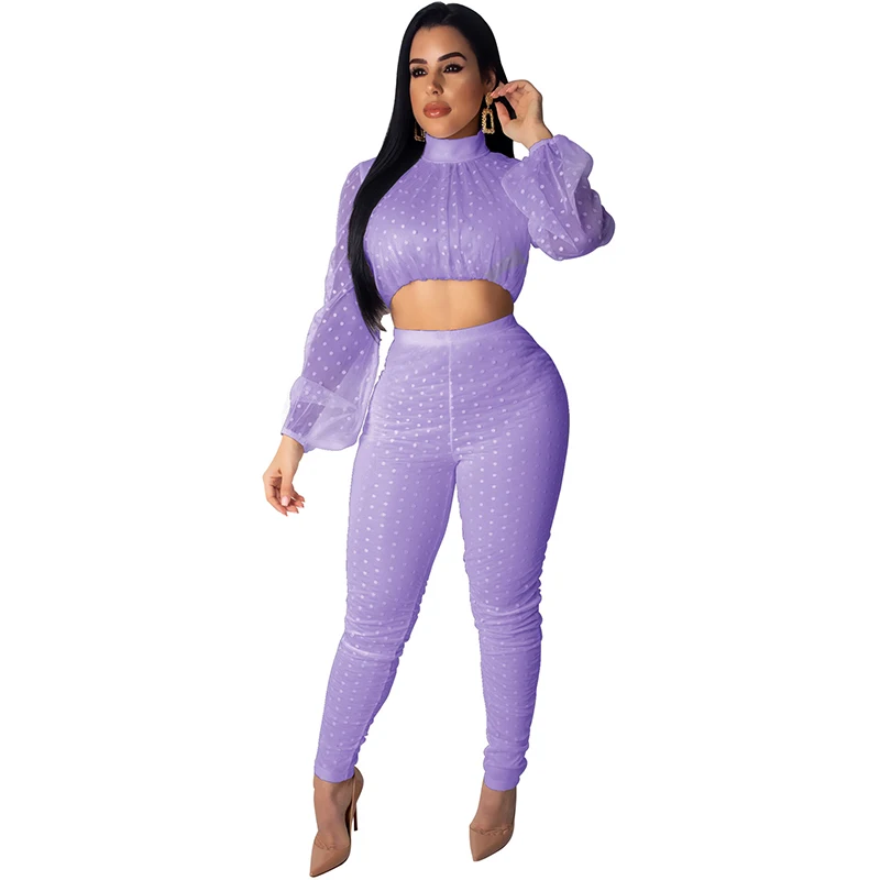 Perspective dot mesh long-sleeved short jacket nine points trousers split two-piece free shipping | Женская одежда