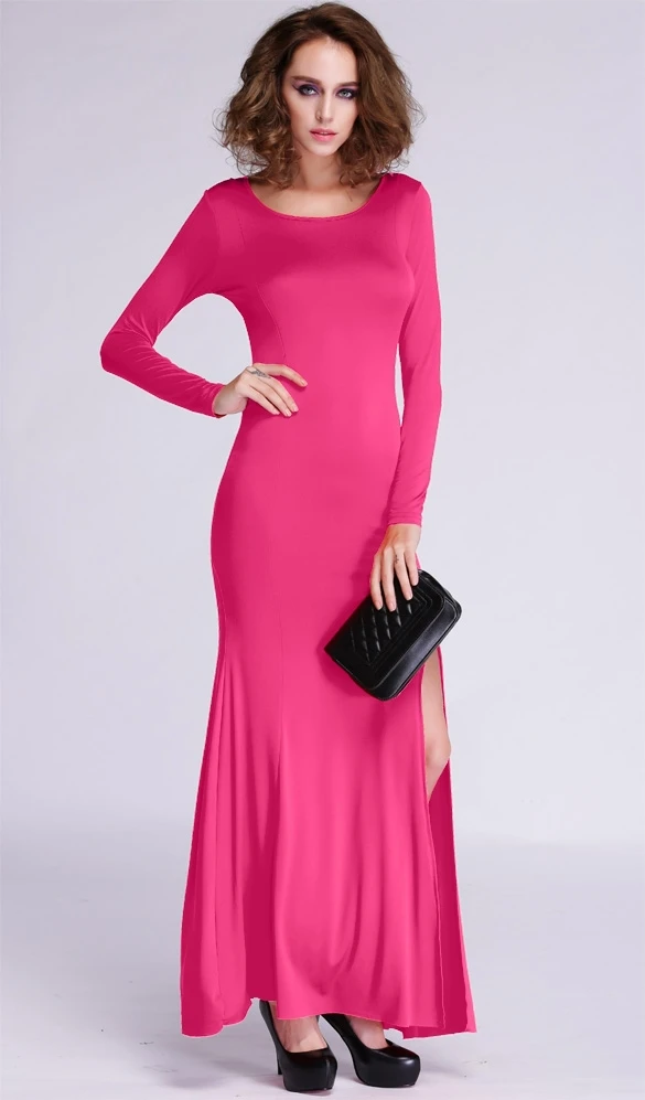 New Fashion O-neck Long Sleeve Full Length Bifurcated Shape Bodycon Women Dress Polyester Spandex Maxi Prom SV011184#23F | Женская