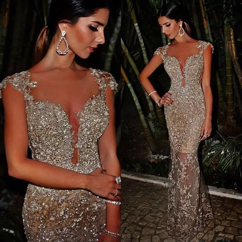 

Arabic Sequin Mermaid Evening Dresses 2021 vestidos de fiesta de noche Sexy Sheer See Through Fitted Formal Prom Dress