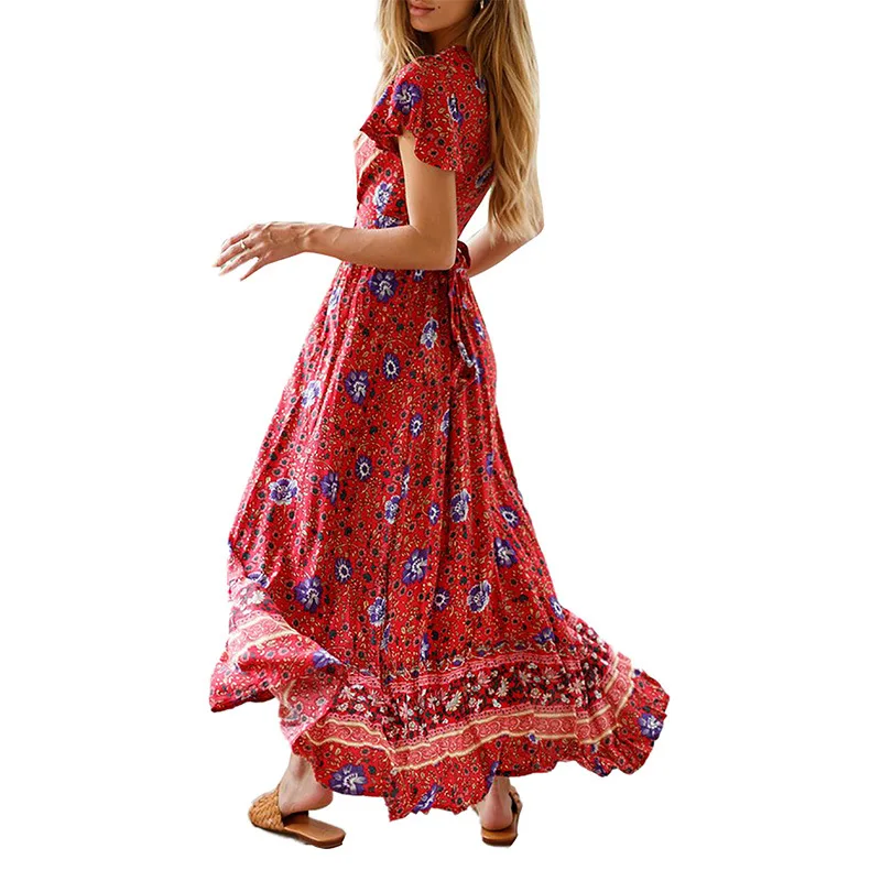 Женское длинное платье макси летнее пляжное с цветочным принтом Boho коротким