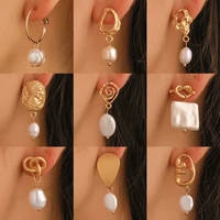 modyle korea design metal gold geometric irregular circle square natural freshwater pearl drop earrings for women girl gift