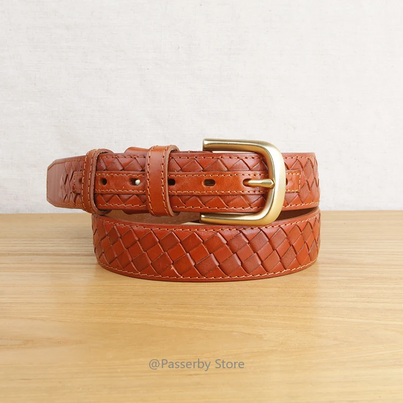 High Quality Top Layer Cow Leather Belt Handmade Men's Belt Cowskin Business Style Woven Pattern Casual Belts for Male
