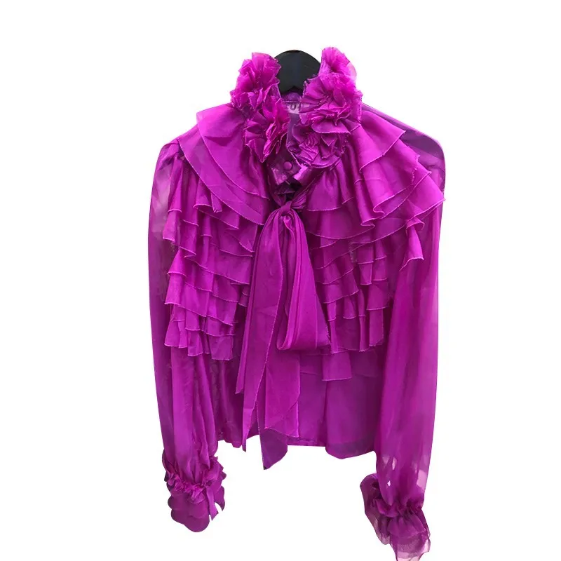 purple TWOTWINSTYLE, женские топы с бантом, расклешенная рубашка с длинным рукавом и рюшами, блузка, Женская корейская модная одежда, весна - Цвет: purple