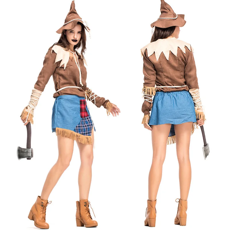 Cosplay The Wizard of Oz Scarecrow Stage Show Performance Costume Carnival Party Halloween Costumes Women Khaki Top&ampDenim Skirt |
