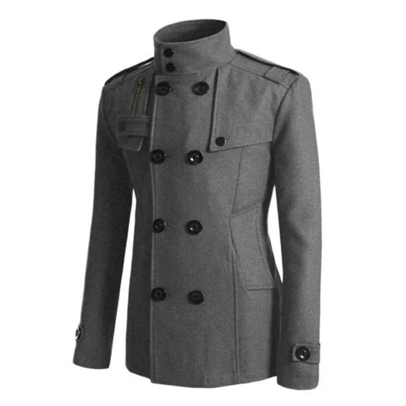 Зимняя мужская теплая ветровка шерстяное пальто со стоячим воротником