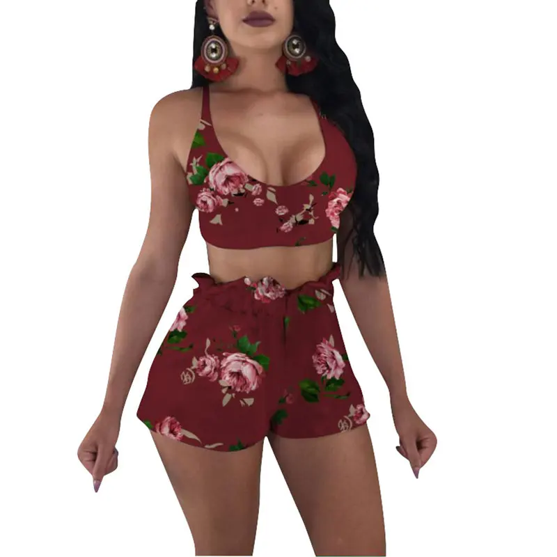 2018 Floral Printed Crop Top Set Suit Women Two Piece Summer 2 Sexy Outfit And Shorts Tracksuit | Женская одежда