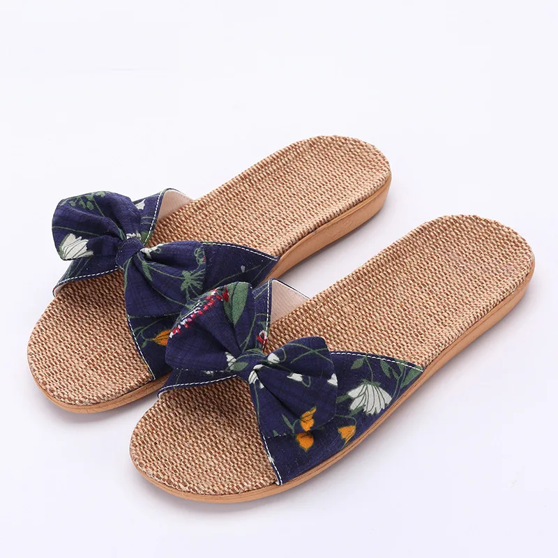 

New Women Linen Slippers Fashion Design Floral Bowknot Flat Slippers Comfortable Home Slippers Indoor Shoes Beach Slippers
