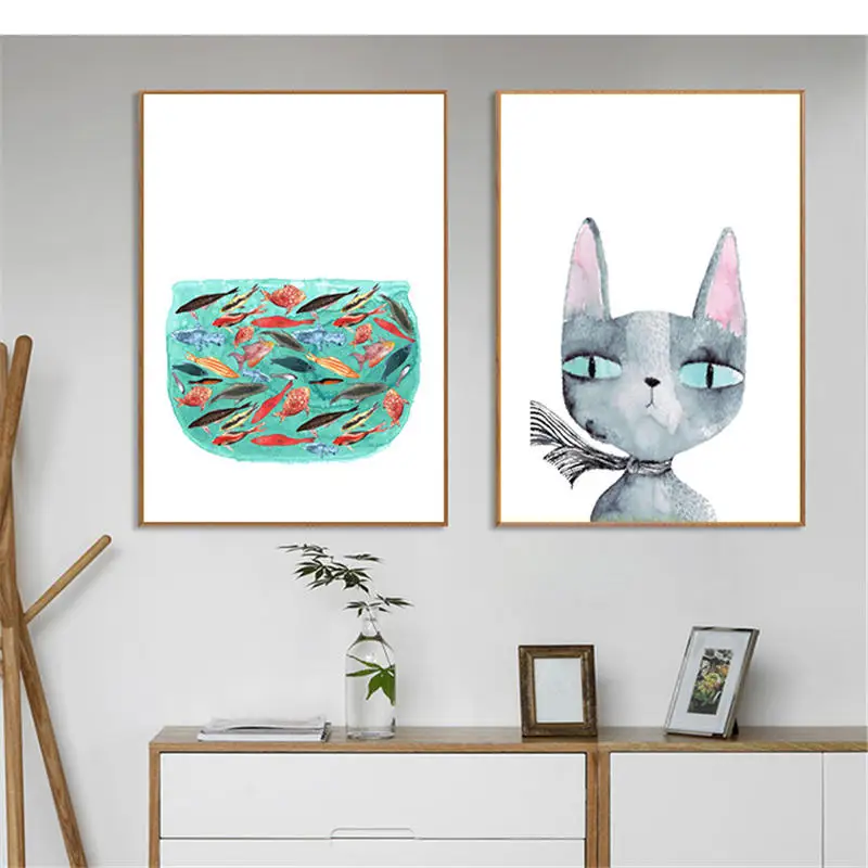 

YongHe Скандинавская декоративная картина мультяшная кошка как рыбы настраиваемая картина распылением картины маслом настенные картины для ...