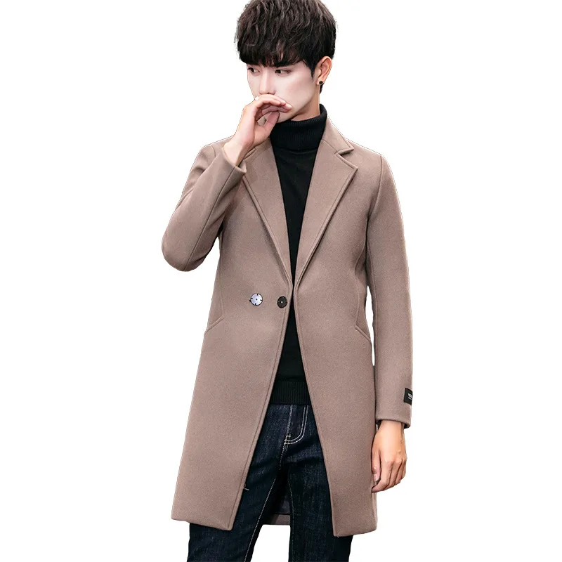 2019 зимнее Однотонное шерстяное пальто с отложным воротником и куртка PocketsMale в