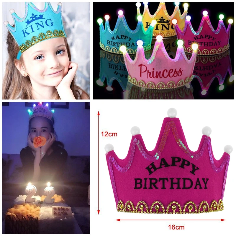 Prince Princess Crown Birthday Party LED Light up Hat Cap kids Girls &amp Boy adult Event Built-In Button Batter | Дом и сад