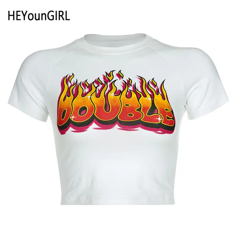 Белый HEYounGIRL с принтом огня, базовые женские футболки, повседневный короткий рукав, короткий топ, футболка, женская белая Harajuku футболка, женская летняя футболка - Цвет: Белый