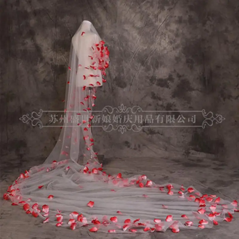 Долго Завеса Красный Цветок 5 М Тюль Вэу Де Noiva Фаты Свадебные Аксессуары Кружева