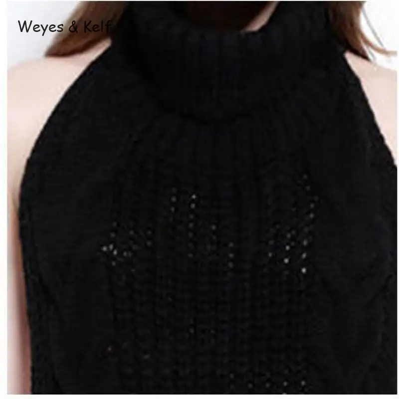 Weyes &amp Kelf Sexy Backless Sleeveless Turtleneck Pullovers Women 2020 Spring Solid Knitwear Lace Up Sweater | Женская одежда