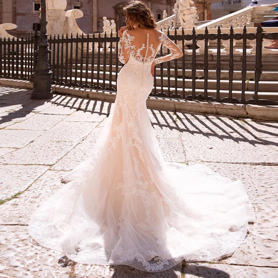 Lace Mermaid Detachable Tulle Skirt Long Sleeves Applique V neck Wedding Dress Robe De Mariee Sofuge Boho Dubai Arabic Abiti Da|Свадебные