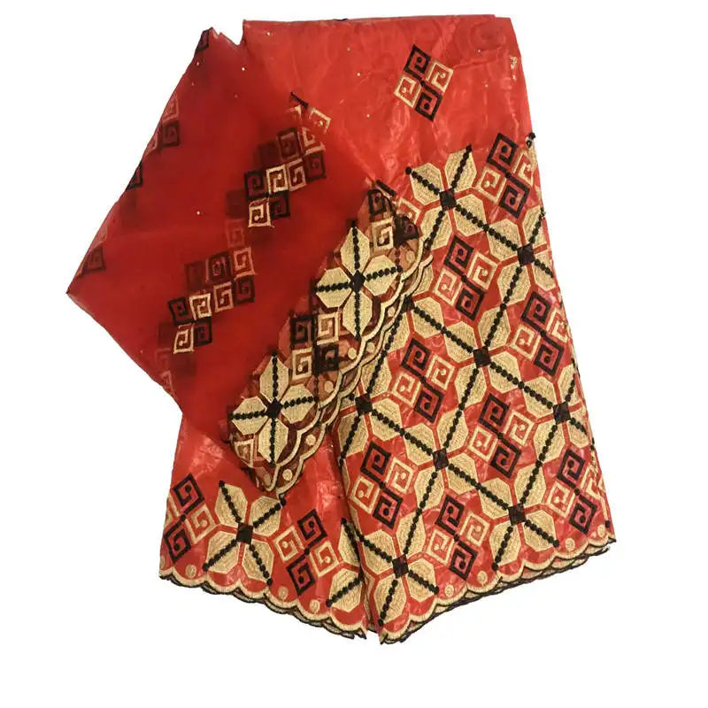 

African Bazin Riche 2019 High Quality Cotton Bazin Riche Fabric With Embroidered Tulle Lace Fabric 5+2 Yards/set!WXF6148