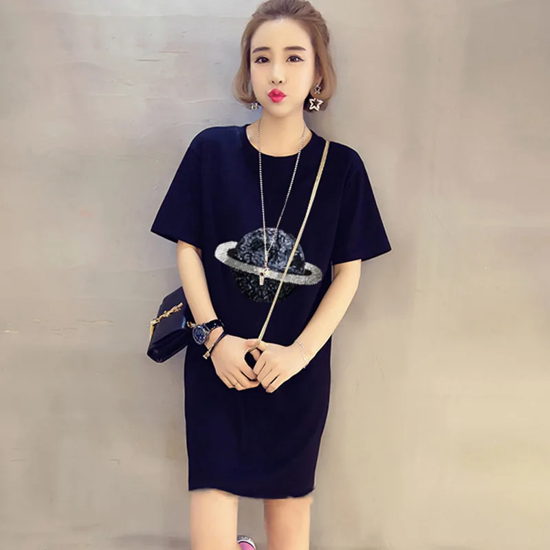 Summer Planet Sequined Embroidered T-shirts Large Size Women's Long Beading Shirts Dress Casual Tees O-Neck Loose Tops | Женская