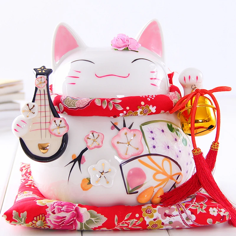 8 дюймов Манеки Неко Керамика Lucky Cat с Лютни Домашний Декор Украшения Творческий