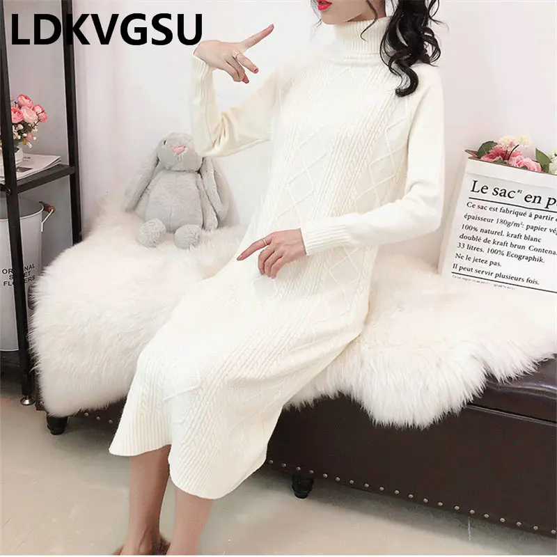 Lazy Wind Long Pullover Sweater Female 2020 New Autumn Winter Solid Color Turtleneck Loose Wild Women Knit Dress Is1376 | Женская одежда