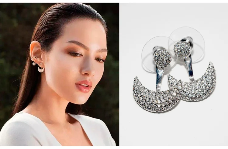 Серьги гвоздики женские серебряные с австрийским кристаллом и цирконом|moon stud