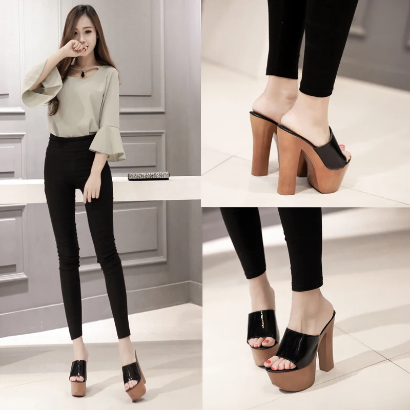 

New Europe and the United States with high-heeled sandals and slippers with wood flip-flops with fish mouth female sandals.