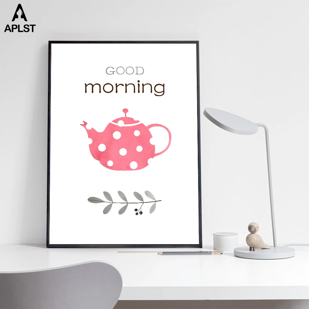 Первый Кофе письма печать и Плакаты доброе утро чайник Холст Wall Art картина