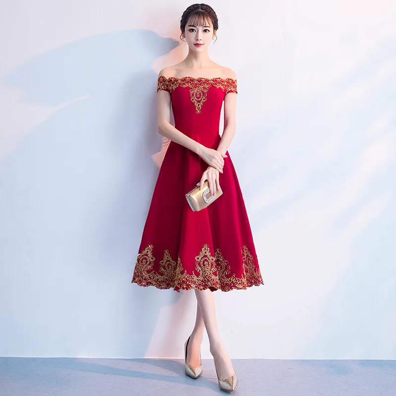 off the shoulder Вечернее платье Для женщин вечерние цветок с коротким рукавом цвет красного вина вечернее платье для выпускного вечера с v-образным вырезом, с молнией, а-силуэт Размеры Robe De Soiree E419 - Цвет: off the shoulder