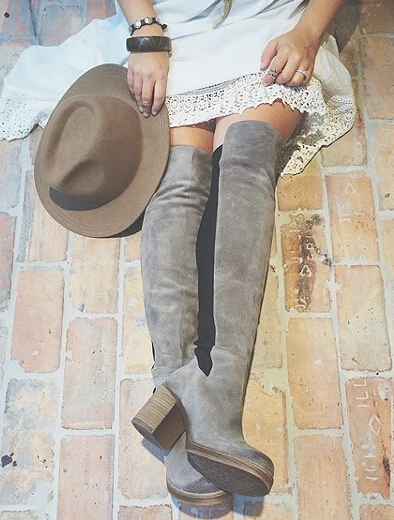 

Retro style women leather and suede boot thick heel slim knee high boots genuine leather black brown and grey