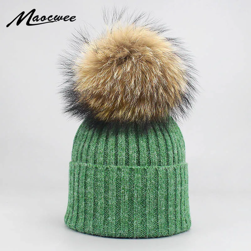 

New Winter Wool Beanies Hat Female Fur Pompoms Hat Real Raccoon Fur Hats For Women Pom Pom Skullies Warm Knit Stripes Caps 2018