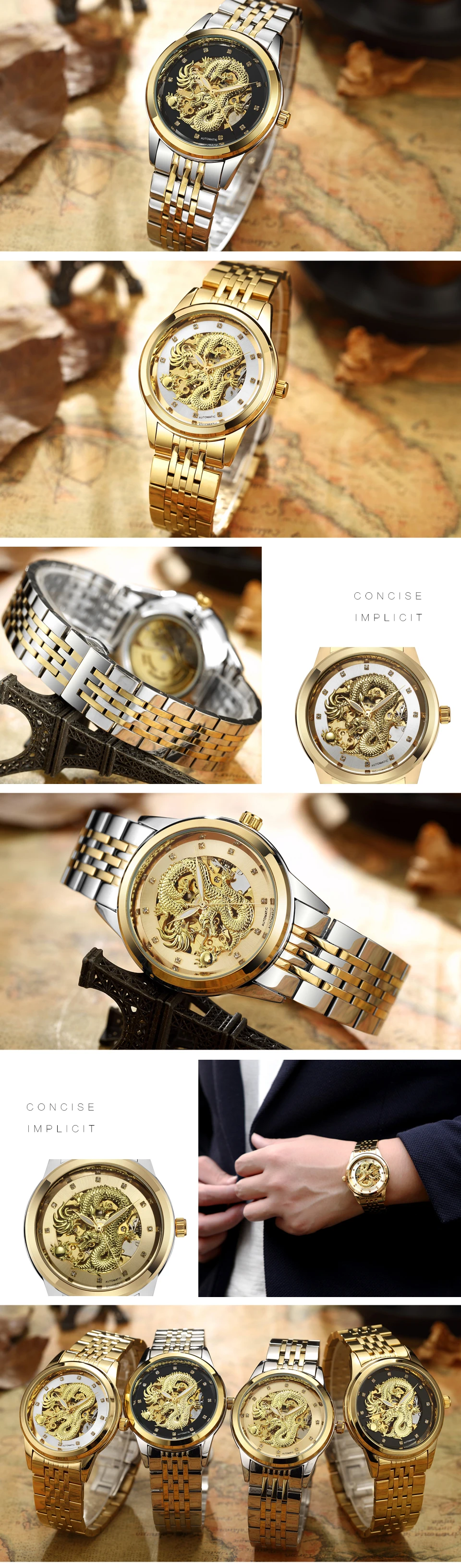 LUXury Dragon Skeleton Automatic-Self-Wind Mechanical Watches Men Wrist Watch Stainless Steel Strap Gold relogio bayan kol saati