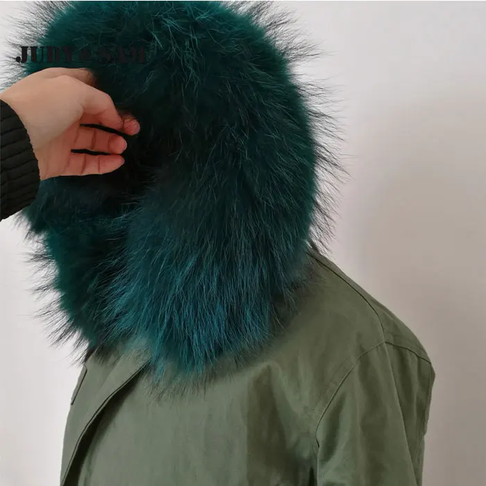 Теплые зимние Армейский зеленый Мех животных парка с реальным енота капюшон