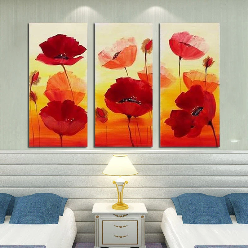 

Hand-painted Oil Paintings Home Decor 3 Pcs/Lot Abstract Red Flower Decorative Wall Pictures Canvas Art For Living Room