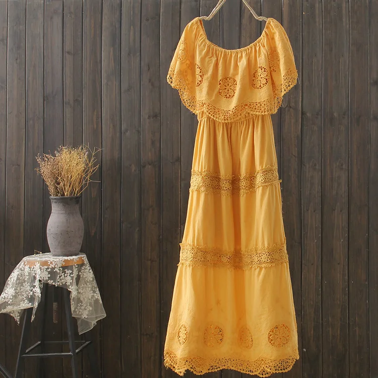 summer fairy Four-color-sweet lace slash neck hollow out patchwork cotton full dress S26882 | Женская одежда